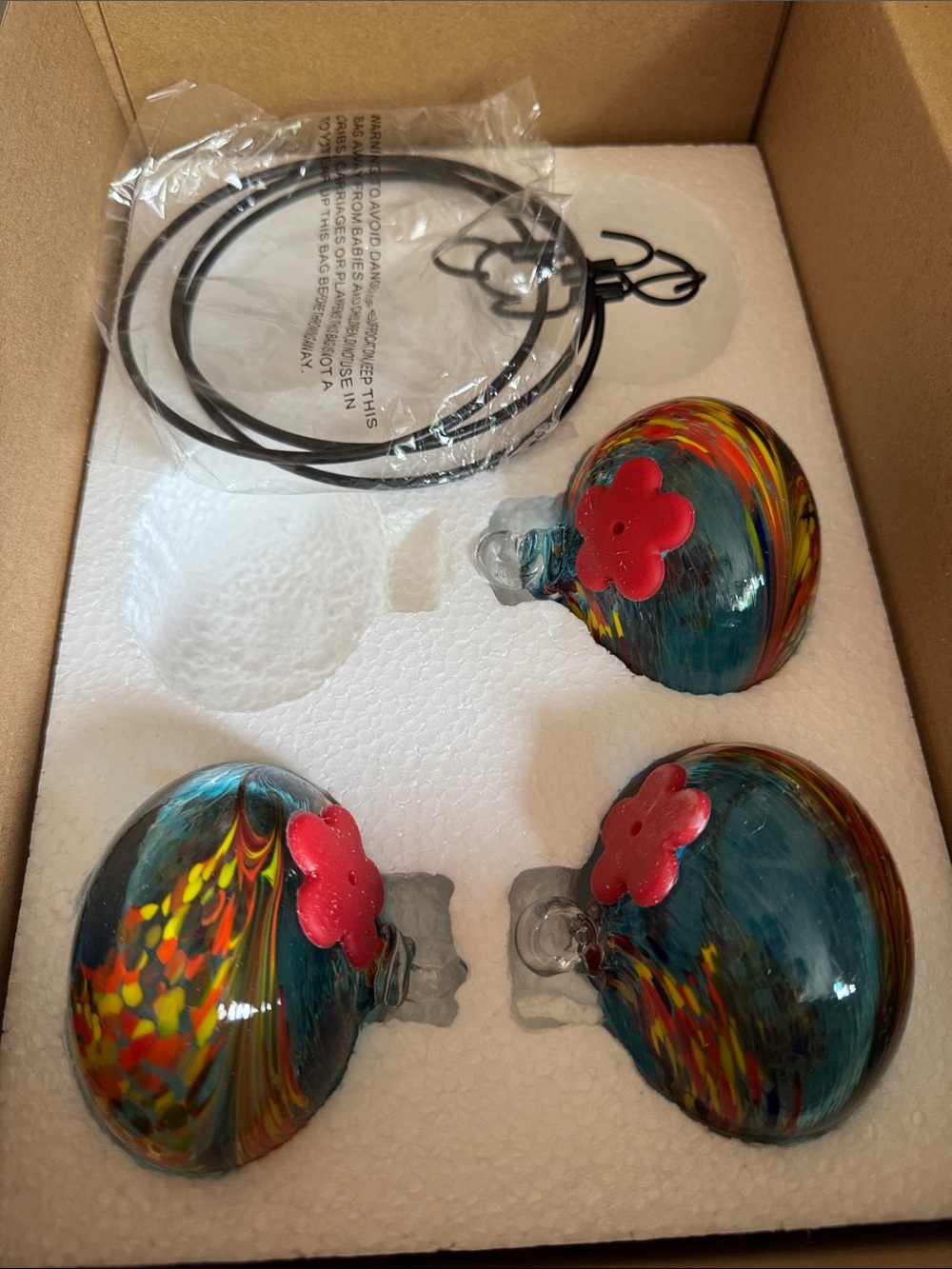 Handblown Multicolor Glass Hummingbird Feeders - Set of 3 - Picture 2 of 2